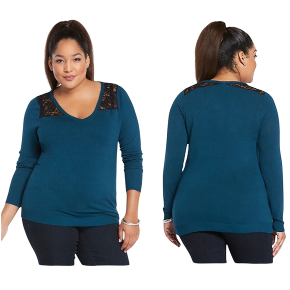 Torrid Dark Teal Black Lace Inset Sweater V-Neck Pullover Long Sleeve Fitted 2X - Picture 11 of 11